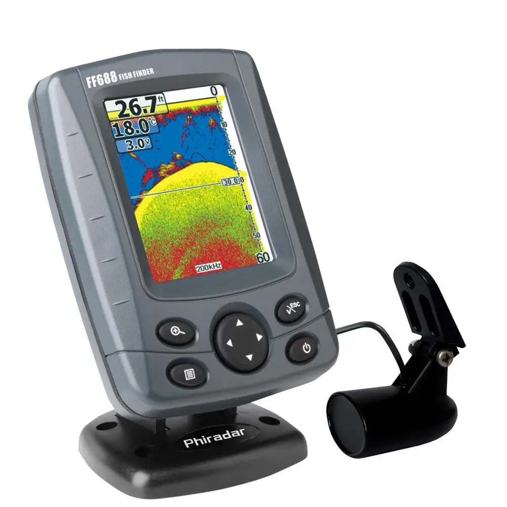 

Original Phiradar FF688C Color Boat Fish Finder 240ft Depth Detection Echo Sounder Sonar Transducer Bottom Contour for Fishing