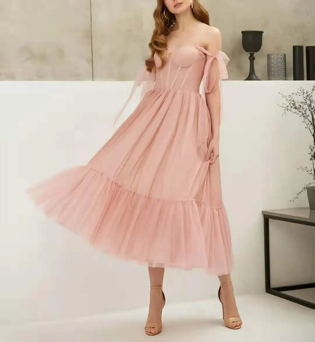 

Lon Vintage V-Neck A-Line Pink Evening Dresses Strapless Tea Length Zipper Back Pleated Formal Party Dresses for Women