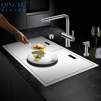 Cheap Cloaking Kitchen Sink Double Cover Hidden Single Large Size 304 Stainless Steel 4mm Thickness Handmade Brushed Kitchen Sink