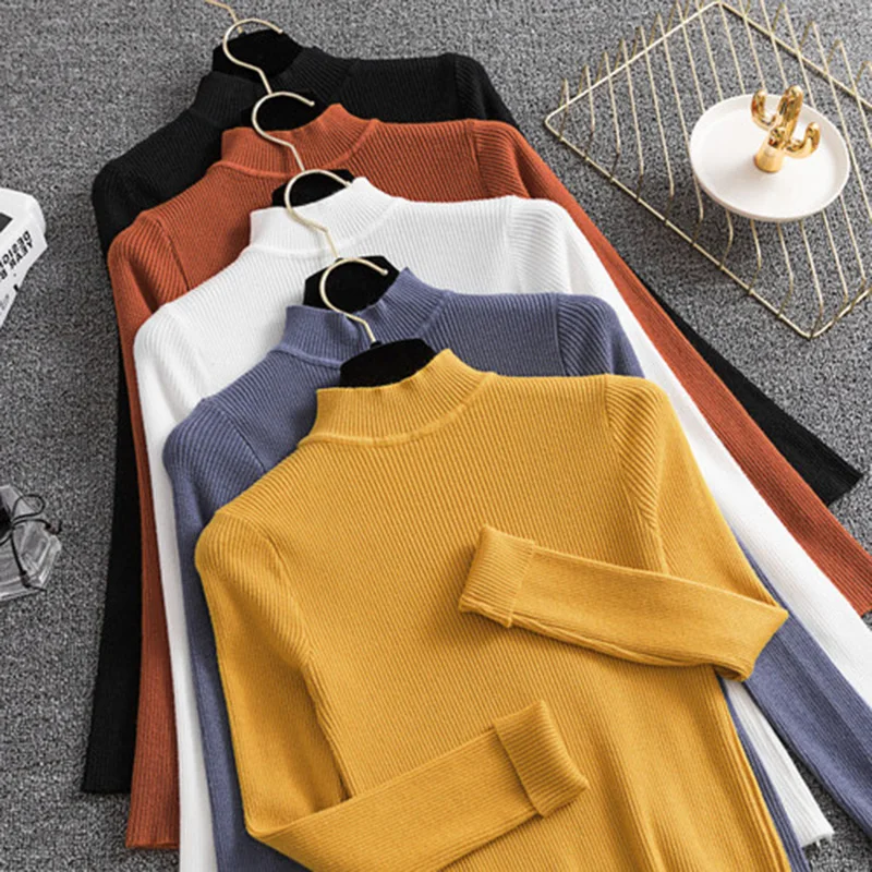 

Knitted Sweater Women Turtlenck Bodycon slim Jumpers Korean Style 2019 new Autumn Winter Knitter Tops black minimalist pullover