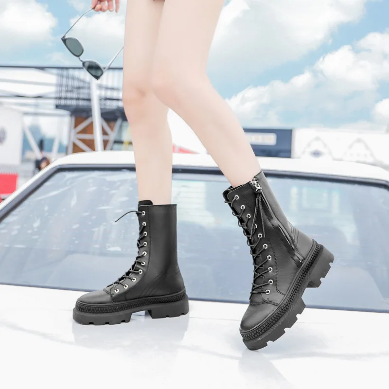 Winter Genuine Leather Chunky Motorcycle Boots Women Autumn Fashion Round Toe Lace-up Combat Military Boots Ladies Shoes