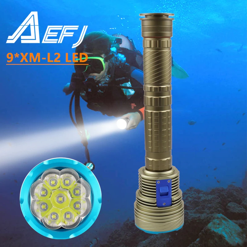 9*XM-L2 LED Diving Flashlight 7000lm Powerful Professional Scuba Diver diving lamp Underwater Torch 18650 26650 USB charger