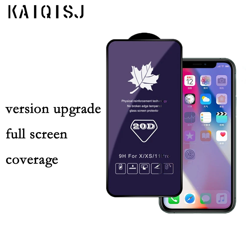 

KAIQISJ 20D Tempered glass film for iphone, full protective film for iphone 11 pro max, x, xs max film cover xr 7 8 6 plus