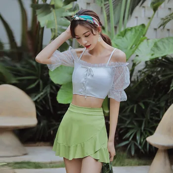 

Swimsuit Woman 2019 Two Piece Korean Swimwear Whole Fused Push Up Bikiny Set Women New Hot Word Shoulder Long Sleeve Swimsuits