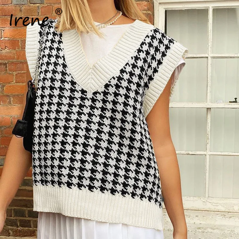 

Irene Houndstooth Sweater Vest Women Off Shoulder Knitted Pullover Jumper Autumn Winter Outwear Casual Women Sleeveless Sweater