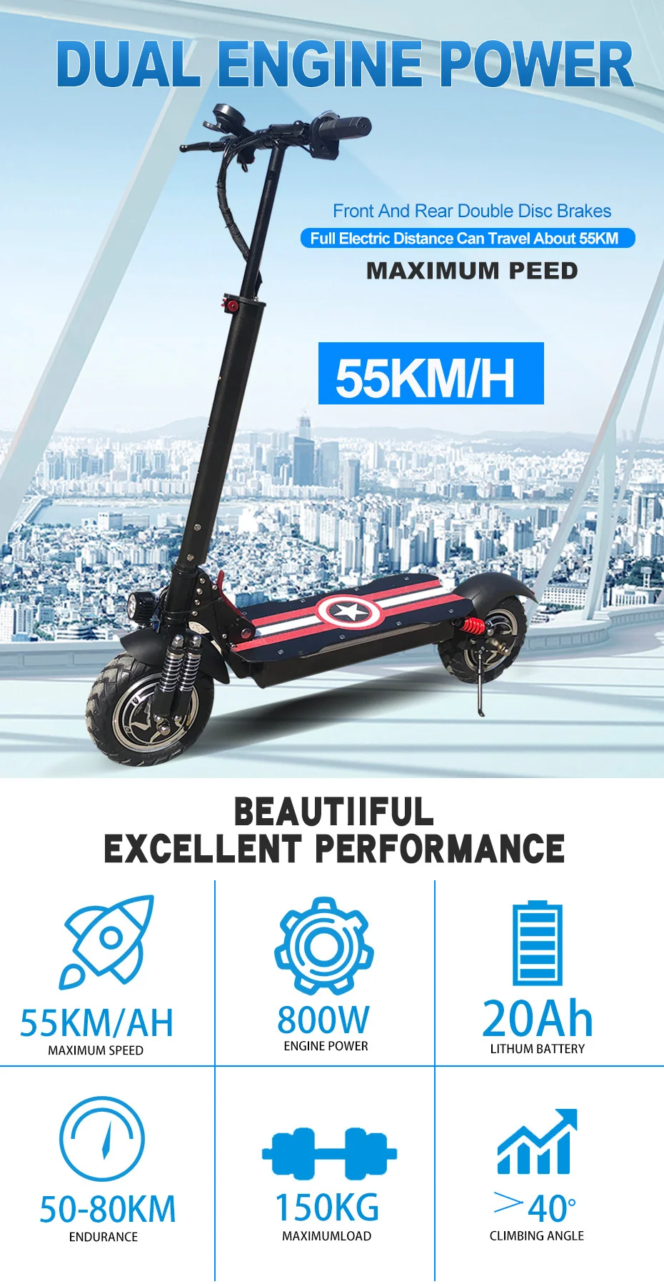 2000W Electric Scooter 48V 20A New Folding Adult E Scooter 10inch Dual Enging Strong Electric Skateboard Highpower Scooter