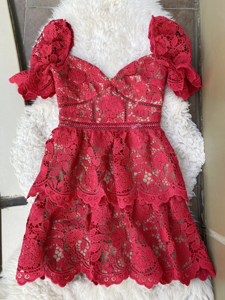Новое Осеннее дизайнерское женское платье высокого качества с сексуальным v-образным вырезом и открытой спиной, красное/белое кружевное платье трапециевидной формы, мини-платье