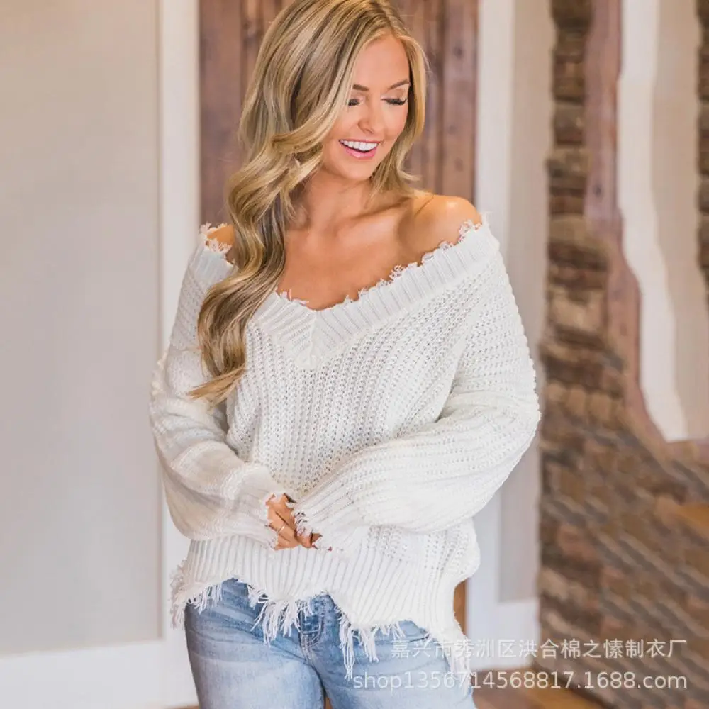 

Knitted Sweater for Women Spring Autumn Ripped V Neck Long Sleeve Sweater Sequins One Shoulder Fashion Pullovers Women