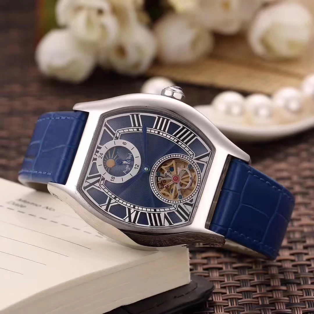  Luxury Brand New Men Automatic Mechanical Watch Silver Gold Black Leather Tourbillon MoonPhase Sapp