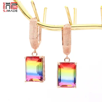 

SJMADE Europe America Fashion Square Imitation Tourmaline Dangle Earrings Rose Gold Vintage Eardrop For Women Wedding Jewelry