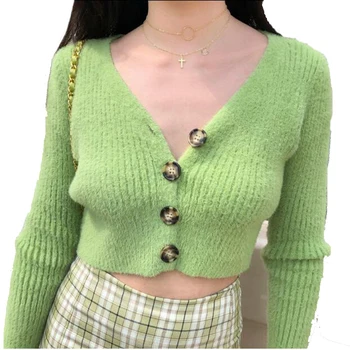 

Spring Women's Candy Multicolor Solid Cardigan Sweater Deep V Neck Short Long Sleeve Single Breasted Cardigan