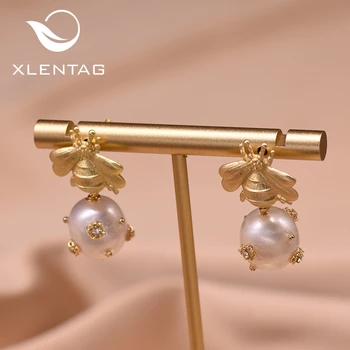 

XlentAg Handmade Natural Light Pink Round Pearl Drop Earrings Cute Wedding Party Gifts For Women Minimalist Bee Jewelry GE0665B
