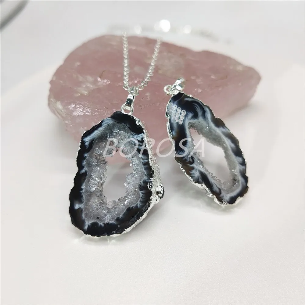 Серебряное ожерелье агатес Druzy Кулон Freeform Drusy 18 дюймов Цепь из природных