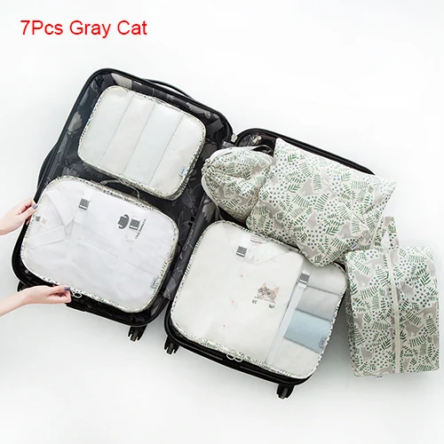 7Pcs Gray Cat Mihawk, дорожные сумки, наборы, водонепроницаемая упаковка, куб, портативный органайзер для сортировки одежды, сумка для багажа, сумка-тоут, система, прочный аккуратный Чехол, вещи - Цвет: 7Pcs Gray Cat