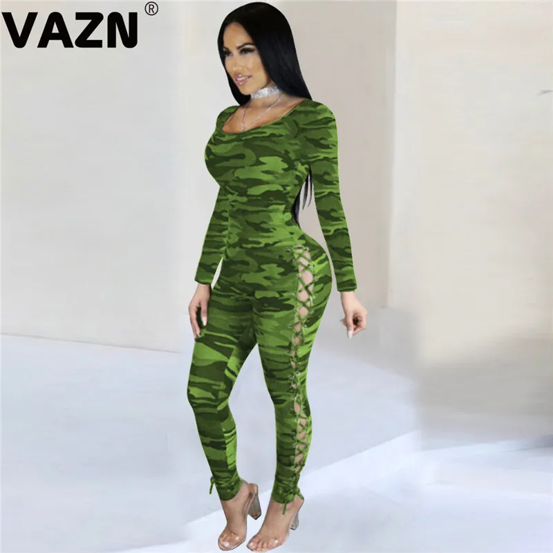 VAZN high quality fashion solid o-neck bandage women jumpsuit long sleeve long pencil pant jumpsuits sexy club rompers