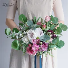 PEORCHID, винтажные искусственные пионы, Свадебный букет невесты, свадебный букет, розовый фиолетовый цветок розы, букет эвкалипта
