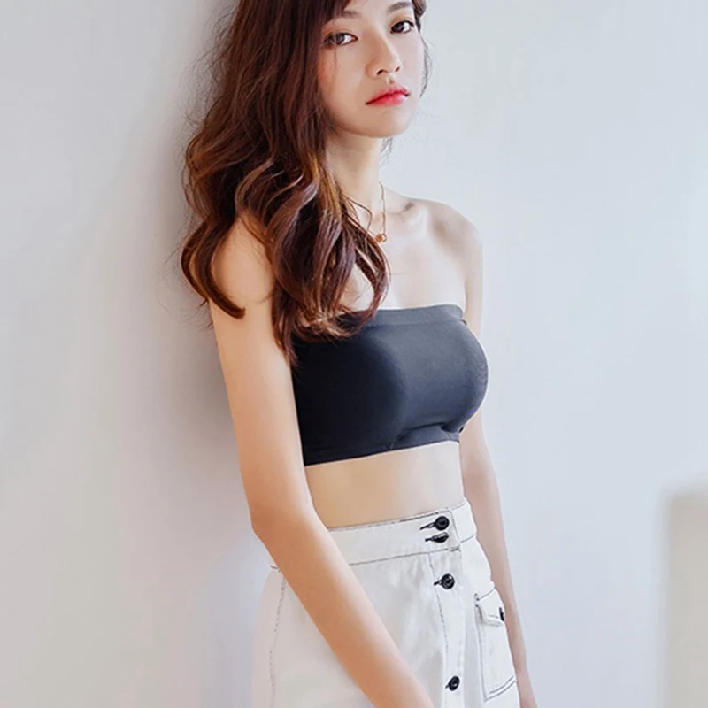 Women Ice Silk Seamless Solid Tube Tops Strapless Removable Padded Bandeau Hollow Cross Back Hook Eye Wrapped Bralette NS