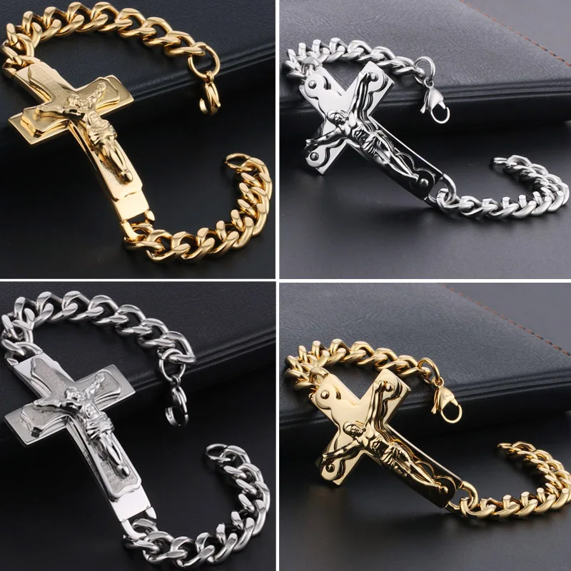 Очаровательные мужские браслеты с крестом Иисуса из нержавеющей стали, мужские золотые серебряные кубинские браслеты с цепочкой, ювелирные изделия pulseira masculina