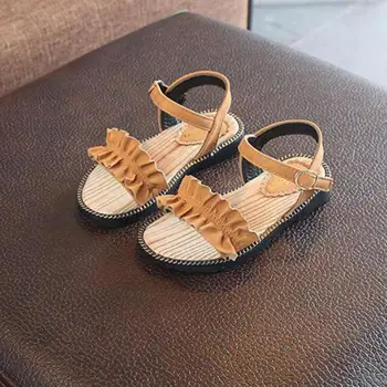 

Summer Girls Sandals Princess Slippers Fashion Ruffles Children Beach Shoes Casual Open Toe Soft Anti-slip Baby Leather Sandals