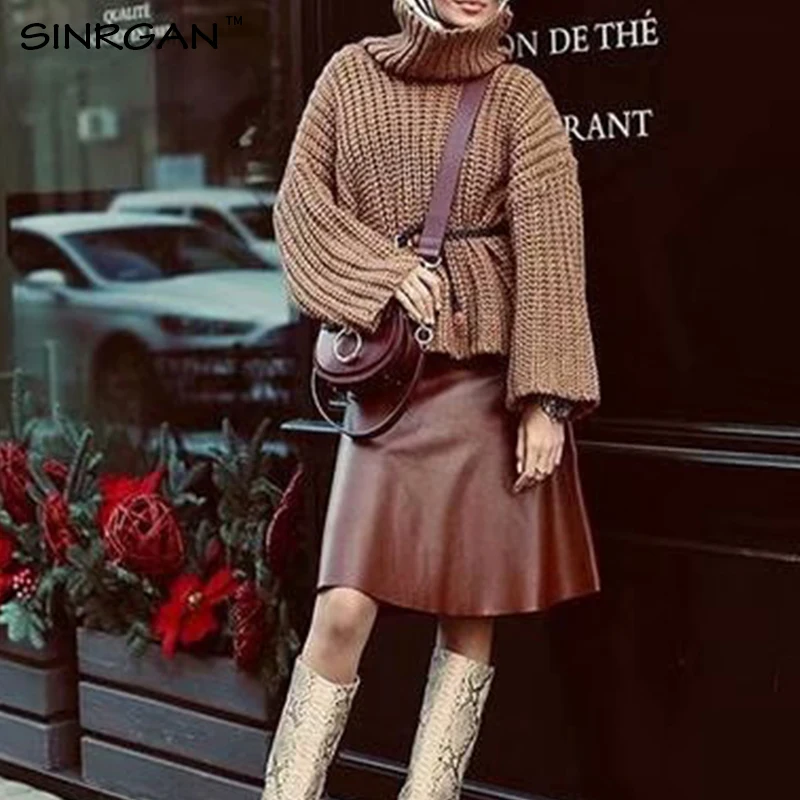 SINRGAN Turtleneck Knitted Long Pullovers Autumn Winter Casual Loose Solid Sweaters Plus size Knitting Jumper Streetwear
