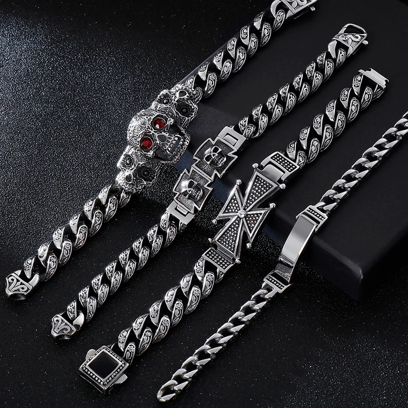 Fongten Skull Cross Curb Men's Bracelet Vintage Black Silver Cuban Chain Stainless Steel Skeleton Male Bracelets Bangle Jewelry