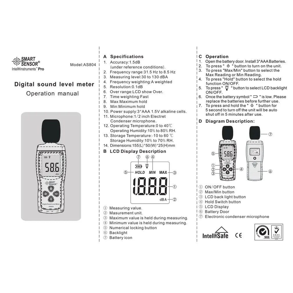 AS804 цифровой уровень шума метр децибел 30d-130dBA диагностический инструмент контрольный тестер Шум дБ детектор спирта дыхания анализатор