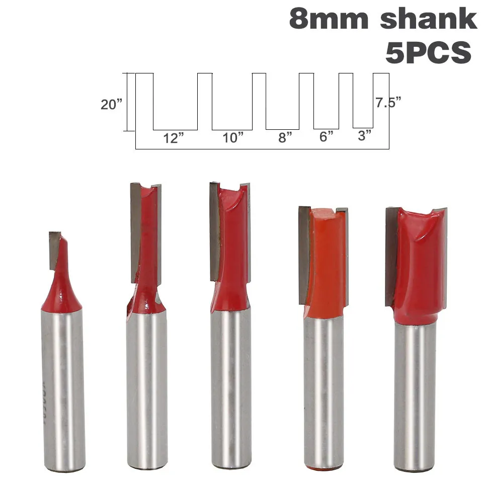 

5PCS/set 8mm Shank Milling Cutter Woodwork Straight Dado Router Bit Set Diameter Wood Cutting For Woodworking Tools