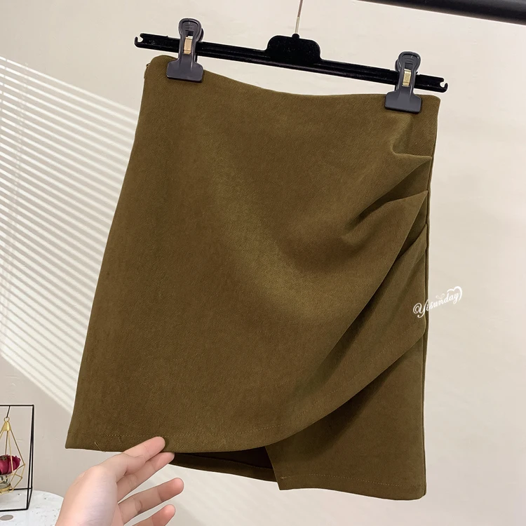 Women Skirt Autumn Irregular High Waistband Skirts Wrinkled Character Skirt Solid