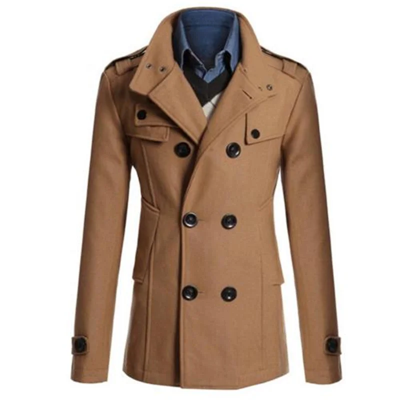 Mens New Winter Warm Trench Woolen Coat Slim Casual Reefer Jackets Solid Stand Collar Double Breasted Peacoat parka