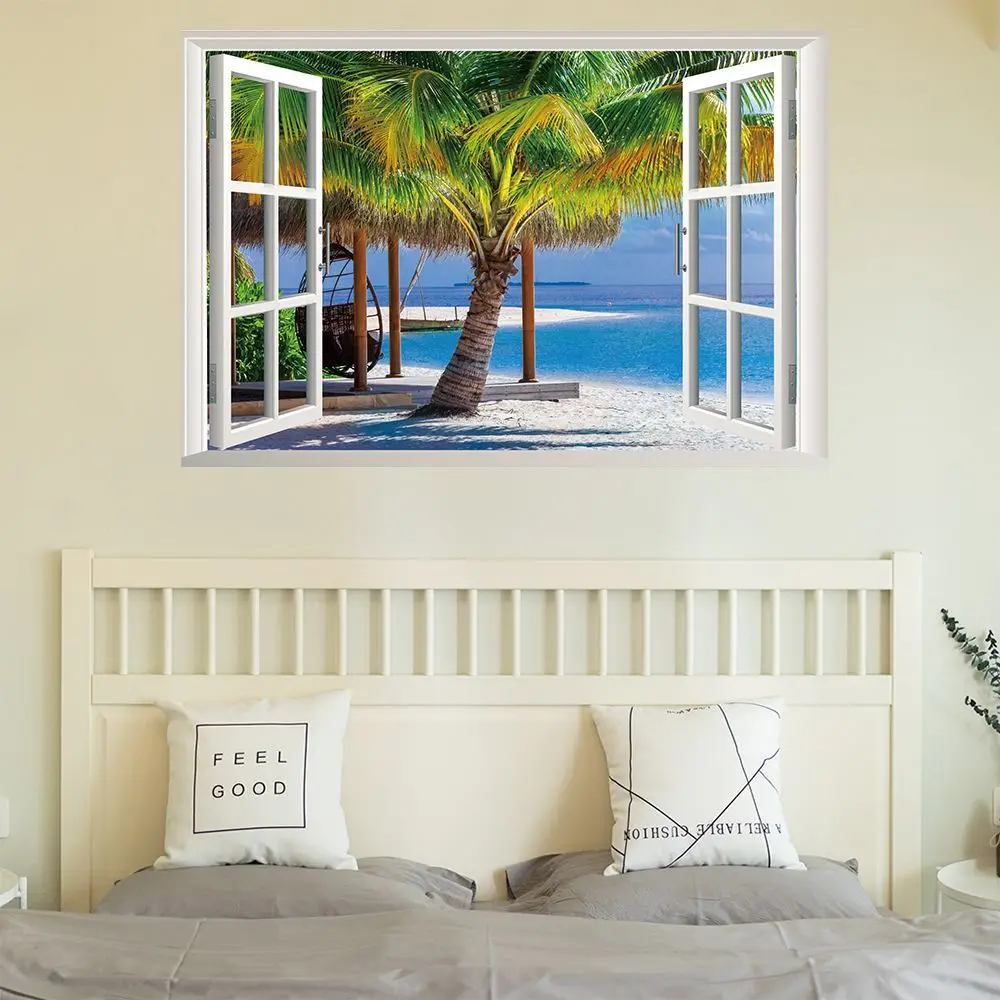 Kun Still Cross Border New Style 3D jia chuang Beach Coconut Scenery Wall Stickers Living Room Bedroom Environmentally Friendly