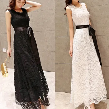 

dress women Fashion Elegant women party dress Casual Sleeveless O-Neck Floral Lace Slim Long Vest Wrap Dress платье vestidos