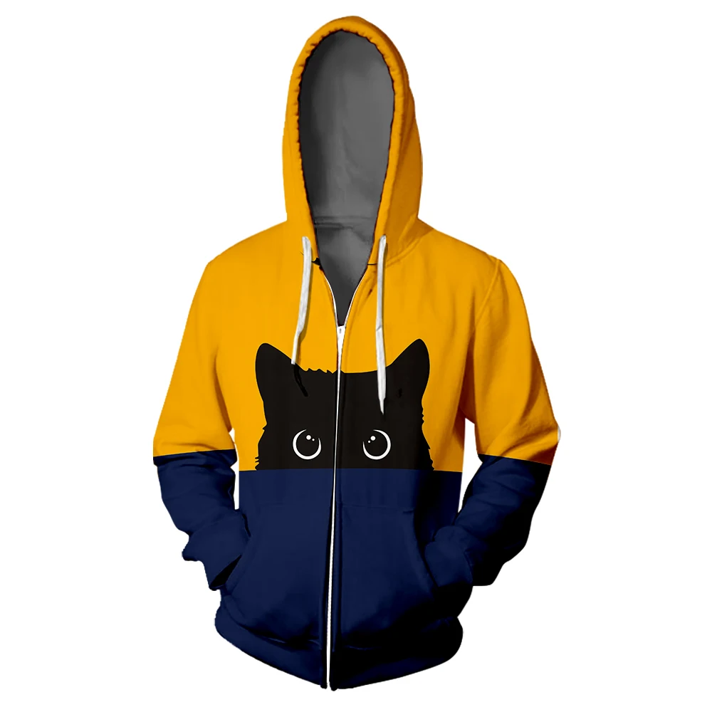 kawaii Black Cat fashion Zipper Hoodie Casual Two-tone Split Color Print Woman 3D Colorful Hooded Cute Pussy Zipper Sweatshirt