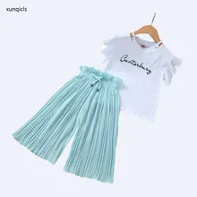 Летние комплекты одежды для девочек, Детская футболка с принтом+ свободные штаны, костюмы, детская одежда с короткими рукавами для маленьких девочек