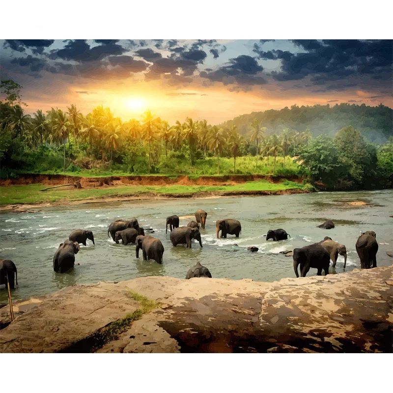 

Modern Paintings Elephant River Bathing Pictures By Numbers Oil Painting On Canvas Handmade for Christmas Presents