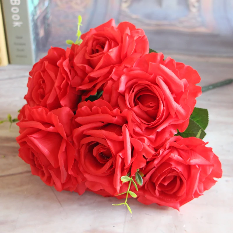 Wedding 9 Rose Heads Bouquet Fake Artificial Flower Cream Rose Arrangment