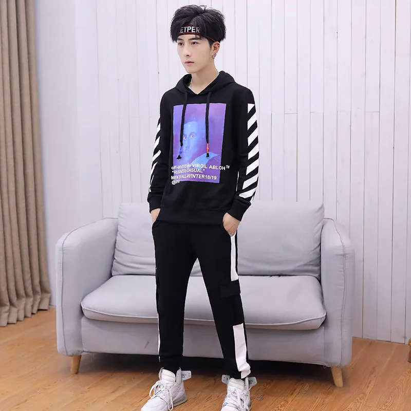

2019 Men Spring And Autumn Leisure Sports Suit Hooded Pullover Printed Trend Hoodie Long Sleeve Trousers Skinny Dacron