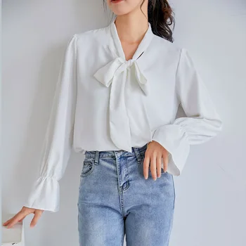 

COIGARSAM Fashion Full blouse women Chiffon Lantern Sleeve Bow blusas womens tops and blouses White Blue 6050