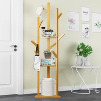 Bamboo Coat Rack Tree Cloth Hanger 9 Hooks 3-Layer Shelf Stand Hallway Living Room for Hat,Clothes,Scarves,Handbags,Umbrella 2