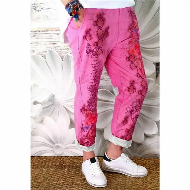

Womens Harem Long Pants Floral Print Loose Sports Elastic Drawstring Trousers