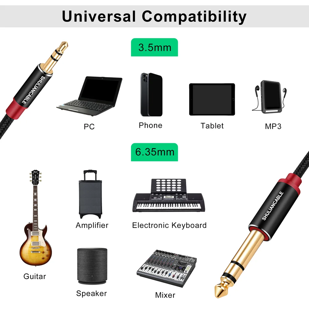 Premium SHULIANCABLE Stereo Audio Cable, 3.5mm to 6.35mm Male TRS Adapter