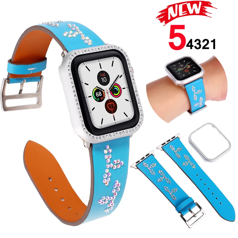 Ремешок для Apple watch band 5, 4, 44 мм, 40 мм, натуральная кожа, один тур, correa+ Алмазный чехол iwatch series 3, 2, 42 мм, 38 мм, ремешок