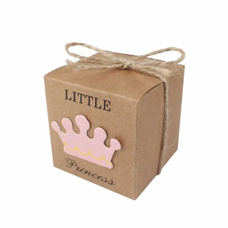 

50pcs Baby Shower Candy Box Little Prince Little Princess Crown Kraft Boxes Blue Pink Candy Box for Girl Boy Birthday Favors Box
