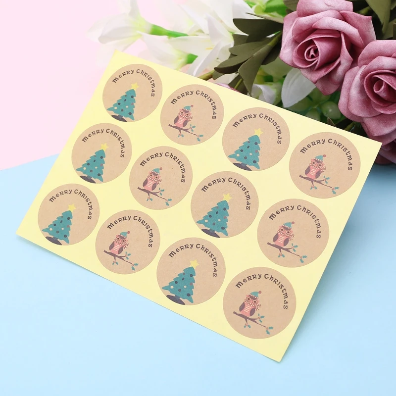 

120Pcs Funny Merry Christmas Tree Owl Cake Packaging Sealing Label Kraft Sticker D2TD