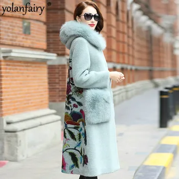 

Winter Clothes Real Fur Coat Women Fox Fur Collar Long Wool Jacket Print Woman Coats Korean Abrigo Mujer HQ18-MC05C KJ2496