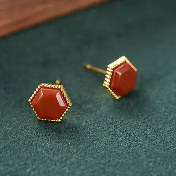 

silver inlaid with natural South Red geometric Earrings Chinese style retro fresh elegant minority design women's brand jewelry