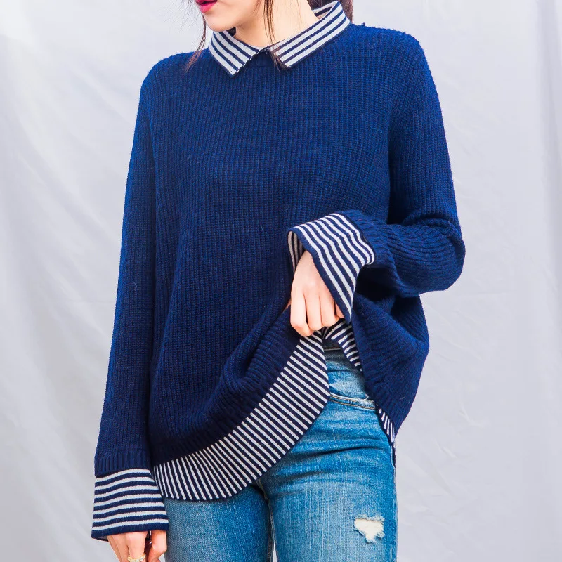 

Shanghai New Europe Sang 2020 Contrast Color Fold-down Collar College Style Knitted Sweater