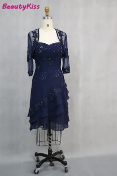 

With Jacket Mother Of The Bride Dresses 2020 Applique Beaded 3/4 Sleeve Knee Length Groom Mother Dresses Guest Wear For Wedding