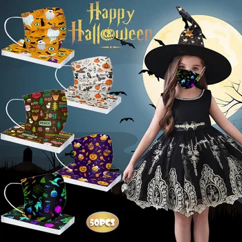 

50pc Children's Mask Disposable Three-layer Nonwove Mascarilla Infantil Halloween Pumpkin Printed Masks Style Windbreak Masque