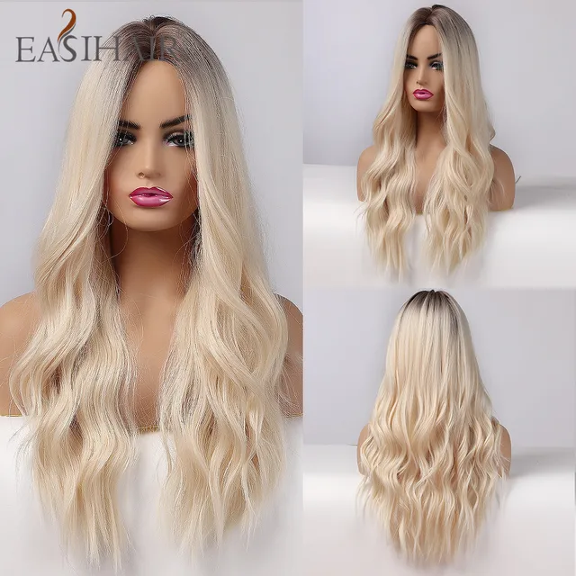 EASIHAIR Long Brown Ombre Synthetic Wigs for Women Natural Hair Wavy Wigs Ash Brown Blonde Heat Resistant Female Wig Cosplay LC179-11