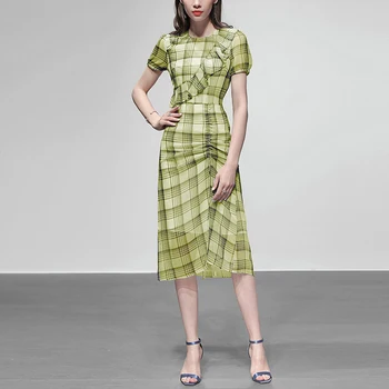 

Seifrmann Summer Women Midi Dress Puff Sleeve Ruffles Plaid Printed Elegant Slim Female Vintage Chiffon A-Line Dresses vestidos
